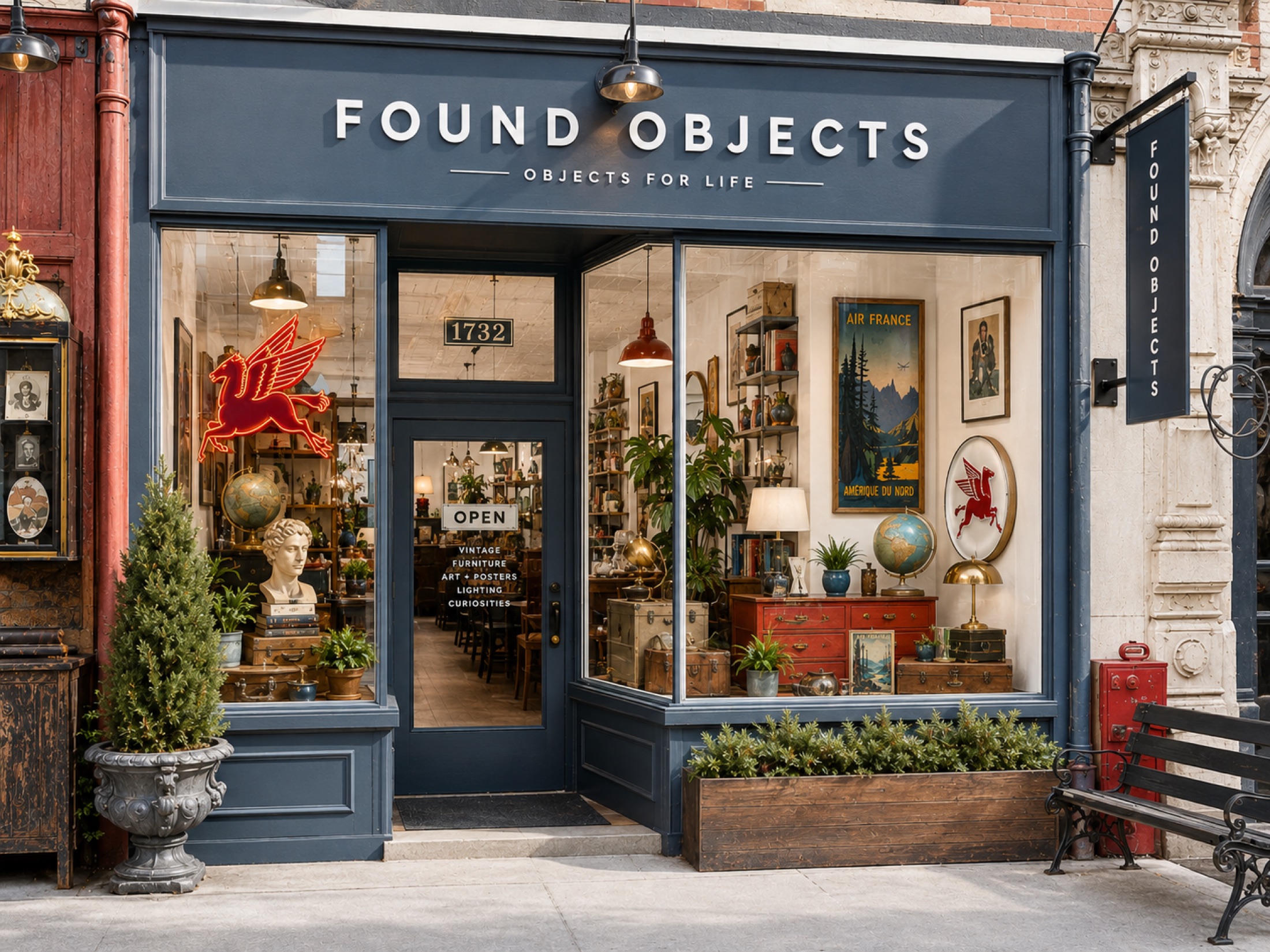 A window full of vintage lighting, posters and objects